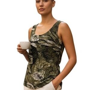 Chicos Tank Top Womens Sz 2 Lg US 14 Green Abstract Print Textured Sleeveless